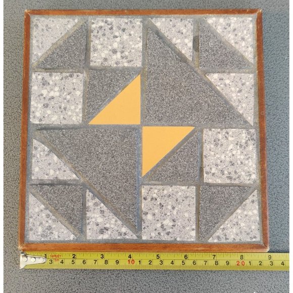 Quiltile: Old Maid's Puzzle Tile Art Trivet Wooden Border 9" Heavyweight Signed? - Picture 11 of 12